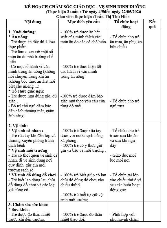 Kế hoạch chăm sóc giáo dục chủ đề Quê hương- Đất nước- Bác Hồ lớp Nhỡ A (4/5/2026- 22/5/2026)