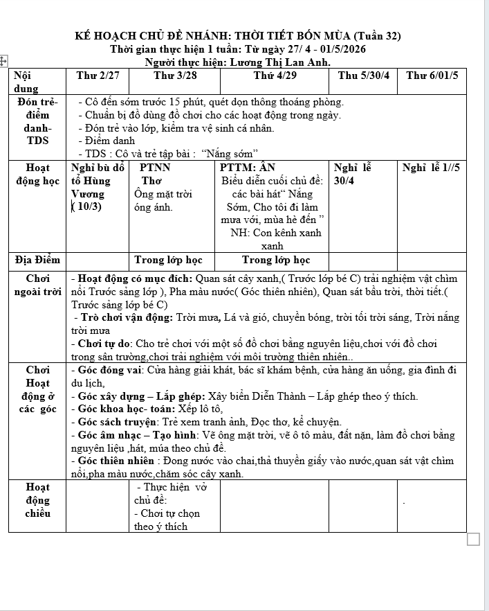 TUẦN 32 THỜI TIẾT BỐN MÙA
