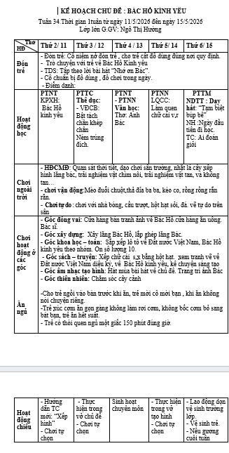 Kế hoạch tuần 34 chủ đề quê hương đất nước Bác Hồ Hường Lớn G