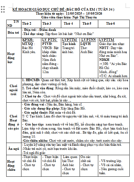 KH Tuần 34 chỉ đề Quê hương- ĐN- Bác Hồ (11/5- 15/5) Lớn A