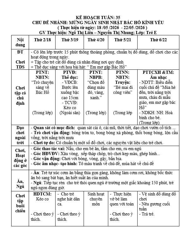 KẾ HOẠCH TUẦN 35, TRẺ E