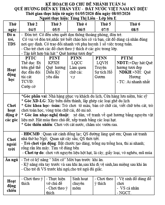 KẾ HOẠCH TUẦN 33 . LỚN E TĂNG LIÊN