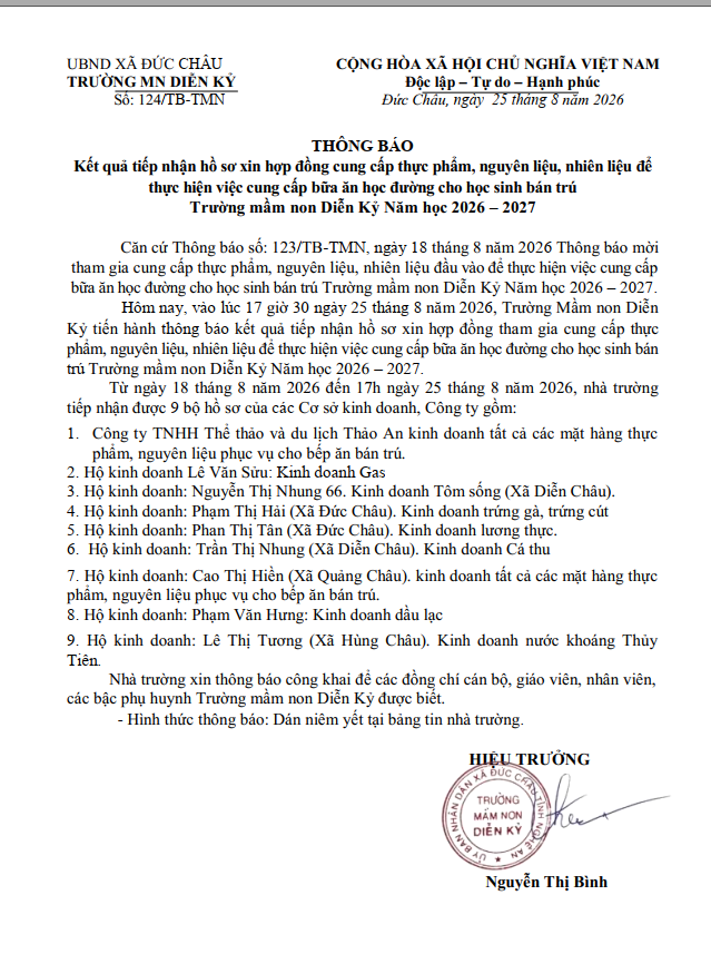 THÔNG BÁO KẾT QUẢ TIẾP NHẬN HỒ SƠ XIN HỢP ĐỒNG CUNG CẤP THỰC PHẨM , NGUYÊN LIỆU, NHIÊN LIỆU ĐỂ THỰC HIỆN VIỆC CUNG CẤP BỮA ĂN HỌC ĐƯỜNG CHO HỌC SINH BÁN TRÚ.