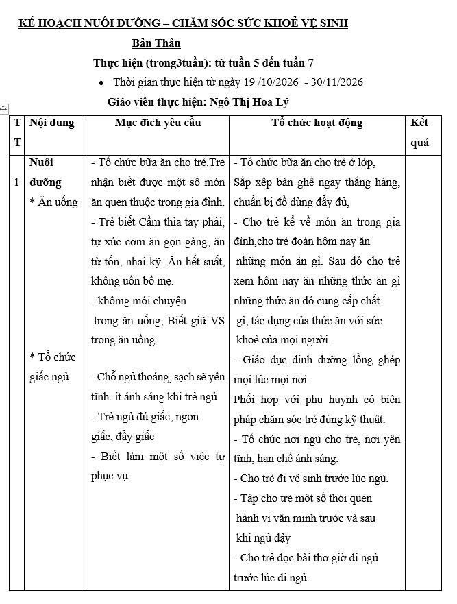 Kế hoạc chăm sóc vệ sinh dinh dưỡng lớp Nhỡ B1(19/10-30/10/2026)