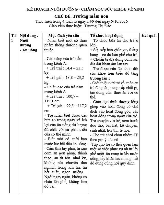 Kế hoạch chăm sóc giáo dục chủ đề Trường mầm non lớp Nhỡ B1 (14/9-9/10/2026)