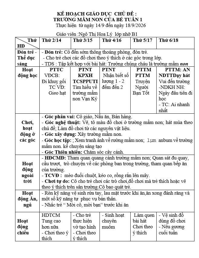 Kế hoạch tuần 1 chủ đề Trường mầm non lớp Nhỡ B1 (14/9-18/9/2026)