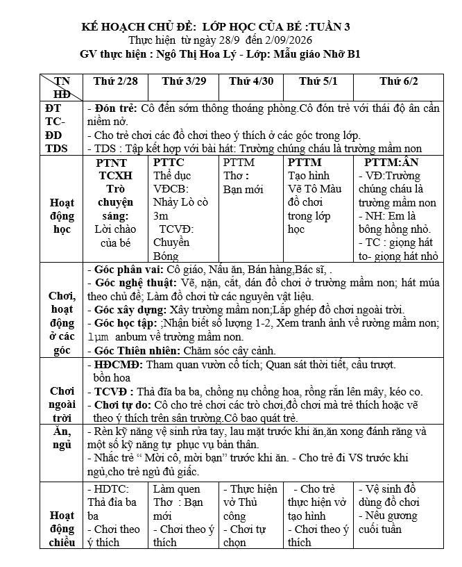 Kế hoạch tuần 3 chủ đề Trường mầm non lớp Nhỡ B1 (28/9-2/10/2026)