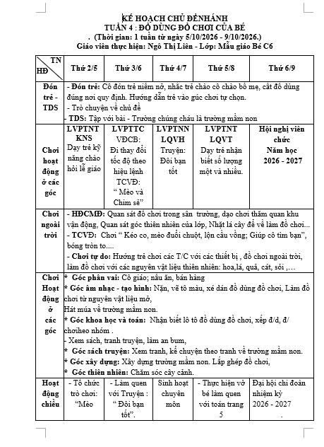 KẾ HOẠCH TUẦN 4 TMN