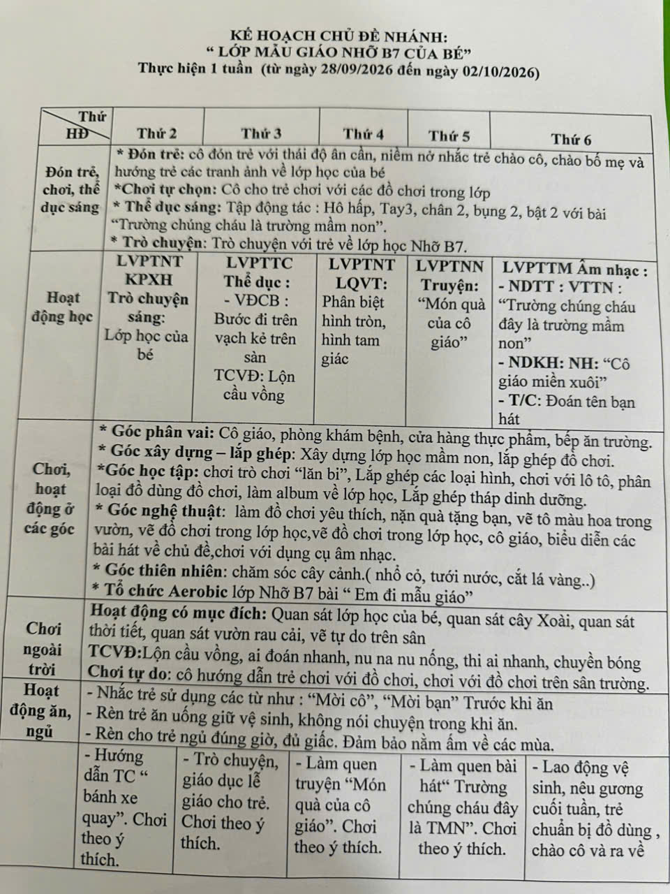 NHỠ B7- KH TUẦN 3: LỚP MG NHỠ B7 CỦA BÉ( TỪ NGÀY 28/09/2026- 02/10/2026) - CÔ XUÂN